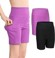 [Coralup] Girls 2 Pack Solid Ribbed 5" Exercise High Waisted Bike Shorts with Pockets 5-12 Years