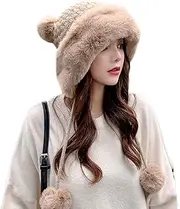 [Caissip] Winter Pompom Beanie Hats for Women Fluffy Knit Womens Beanie Faux Fur Crochet Skull Cap Warm Bucket Outdoor Ear Cover