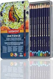 [Derwent] Inktense Permanent Watercolour Pencils 12 Tin, Set of 12, 4mm Premium Core Strength, Water-Soluble, Ideal for Drawing, Colouring & Painting on Paper or Fabric, Professional Quality (0700928)