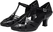[FARZAH] Women's Latin Salsa T-Strap Closed Toe Synthetic Ballroom Dance Shoes(Black,4)