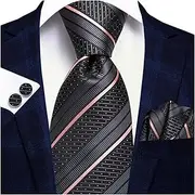 [VSOLS] Men's Blue Black Striped Tie 3.4" Tie Pocket Square Cufflinks Wedding Party Silk Tie Set (Color : SN-3417, Size : 59.06 * 3.35in)