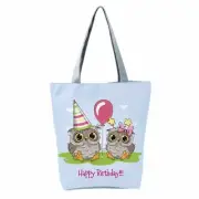 Happy Birthday (Blue) Owl Shopping Shoulder Tote Bag with Zip
