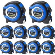 25ft Blue Tape Measure Set with 1/8 Fractions - 10 Reliable Retractable Tools