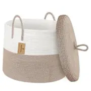 18" X 14" Large Storage Basket with Lid, Blanket Basket Living Brown/White