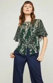 BCBG MAXAZRIA Floral Blooms Ruffle Top Blouse XXS Spruce Combo Green Floral $188