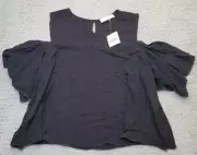 Nordstrom Rack Wayf Blouse Top Womens Large Black Rayon Short Sleeve Round Neck