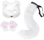 Faux Fur Fox Tail Cat Wolf Cosplay Costume Set Plush Mask Fluffy Paw Gloves Halloween Christmas Party for Girls (White short haired gloves)