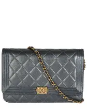 Chanel Gray Quilted Leather Boy Wallet On Chain (Authentic Pre-Loved)