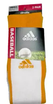 Adidas, Baseball/Softball, White w/ Yellow Stirrup OTC Socks 2Pk. Size 13C-4Y