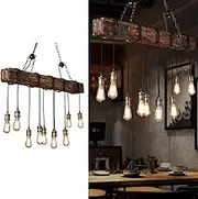 Retro Wood Pendant Lamp Industrial Loft Bar Hanging Light,Rustic Metal Sling Brown Wooden Beam Large Linear Island Pendant Lights Handmade Farmhouse Light Fixture Living Room (Brown,118CM)