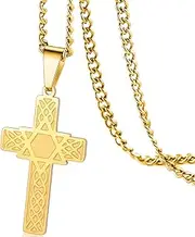 [VASSAGO] Cross Star of David Pendant Necklace for Men Women Crucifix Cross Pendant with Hexagon Stainless Steel Religious Jewish Christian Protection Jewelry Gifts