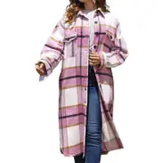 Nevenka Womens Lapel Plaid Wool Blend Coat Long Jacket-Pink