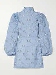 [Agua by Agua Bendita] Agua by Agua Bendita - Guaba Lymanopoda Appliquéd Printed Linen Turtleneck Mini Dress - Blue - small small Blue