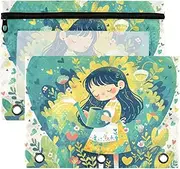 Cartoon Cute Girl Zipper Pouches with Clear Window Plastic Large and Sturdy Binder 3 Rings for Storing School Office Supplies Multicolored 2 PCS