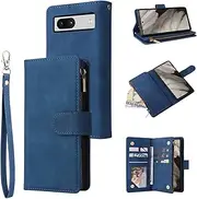 for Google Pixel 7a Wallet Case,for Google Pixel 7a Case,Boyobacase PU Leather Wallet Flip Cover Stand Feature[ 6 Card Slots and 1 Zipper Coin Pocket] with Wrist Strap-Blue