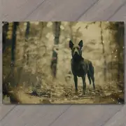 POSTCARD Dog in Woods Alone Hunting Dark Black Weird Strange Unusual Creepy