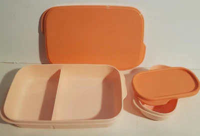 TUPPERWARE BRAND SLIM LUNCH SNACK STORAGE CONTAINER SET RETIRED PEACH ORANGE