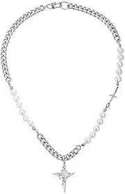 [DIAMANTIO] Unisex Baroque Pearl & Chain Choker Necklace with Gothic Cross Pendant – Punk Style Statement Jewelry