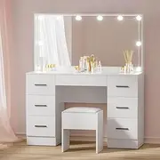 [Artiss] Dressing Table, 10 Bulbs LED Mirror Makeup Stool Set Wooden Vanity Desk Tables, Home Bedroom Furniture Girls Women Organisers, 7 Drawers Shelves Wide Tabletop White