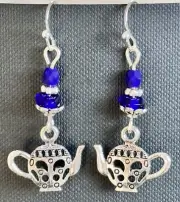 Etched Silver Teapot and Cobalt Blue Picasso Bead Dangle Earrings.