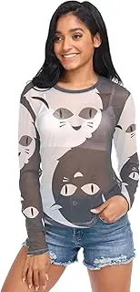 [RPLIFE] White Black Yin Yang Cats Transparent Shirts for Women, Long Sleeve Party Tops S-XXL