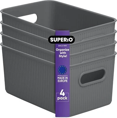 Superio 5L Small Ribbed Storage Bin- Plastic Storage Bin (4 Pack, Grey)