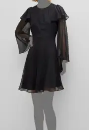 $395 Rebecca Taylor Women's Black Silk Chiffon Ruffle A-Line Dress Size 4