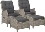 Gardeon Recliner Chairs 2 Piece Wicker Sun Lounger Reclining, Outdoor Lounge Setting Patio Furniture Backyard Garden Indoor Armchair Sofa, with Cushions Ottoman Adjustable Backrest Grey