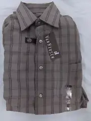 Men's 14 14 1/2 VanHeusen Gray Plaid Button Up Long Sleeve Shirt NEW