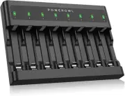 POWEROWL AA AAA Battery Charger 8 Bay, Independent Slot, USB Fast Black