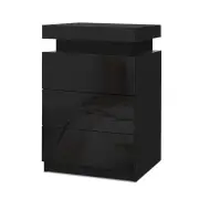 Bedside Tables Side Table 3 Drawers RGB LED High Gloss Nightstand Black