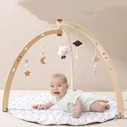 Wooden Play Gym Kids,with Play Mat, 5 Wooden Baby Toy,Play Gym Wood, Infant Activity Gym, Activity Center Gym, Toddler Play Gym with Sensory Toys, Frame Activity Center, Natural Gym Frame for Boys and Girls