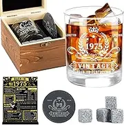 50th Birthday Gifts for Men,Vintage 1974 Whiskey Glass Set,Wood Box & 1974 Poster Anniversary Card &Whiskey Coaster & Stones,Bday Gifts Ideas for Him, Dad, Husband, PW-M1974N