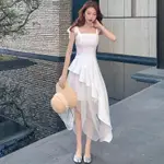 韓版長洋裝素色洋裝白洋裝渡假 不規則吊帶長裙+初戀蓬蓬紗裙兩件套蕾蕾子的小鋪❤