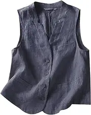 [YOUNIFIZ] Womens Linen Vest Casual Sleeveless Button Down Linen Blazer Lightweight V Neck Jacket Waistcoat Vest with Pocket