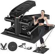 Mini Stair Steppers for Exercise, Adjustable Pedal Height Stair Portable Steppers for Home Fitness, with LED Monitor, Resistance Bands, Noiseless, 120KG Loading Capacity, Black(with Mat)