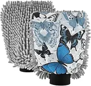 XYMZR Butterfly Blue White Absorbent Microfiber Car Wash Mitt, Funny Cute Anime Scratch Free for Cars Cleaning, Home Cleaning Mitts, 2 Pack, 10.24” L x 7.09” W