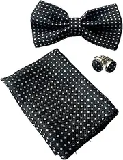 [Zasel] Mens Black Checkered Matching Bow Tie, Pocket Square & Cuff Links Set Black, Silver