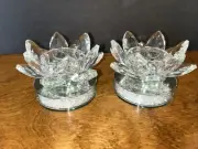 New Pair Crystal Lotus Candle Holders-Mirror & Glass Beads On Base