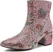 [YAYONE] Rhinestone Zipper Sparkling Ankle Boots - Glitter Pointed Toe Fashion Comfortable Shoes, Pull on Chunky Heel Western Boots