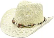 [Generic] Cowboy Hats for Women Classic Straw Cowgirl Beach Hat Music Festival Party Adult Sun Straw Western Cowboy Hats, C-light Yellow, One Size, C-light Yellow, One Size