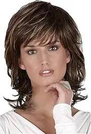 Hair Styling Wigs, Wigs Hair Wig Women Short Fluffy Curly Wigs Brown with Highlights Color Hair with Bangs Heat Resistant Synthetic Hair Wig 16" 160g for Cosplay Party Daily Use