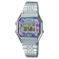 在飛比找PChome24h購物優惠-【CASIO】 復古經典銀錶帶電子錶-花系列(LA680WA