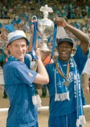 Simon Grayson Mark Blake of Leicester City celebrate with the trop- Old Photo