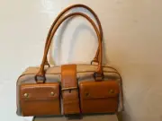 NWT Cynthia Rowley Susie Tan Fabric with Brown Leather Straps Purse Dust Bag