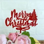Acrylic Red Merry Christmas with Xmas Tree Cake Topper
