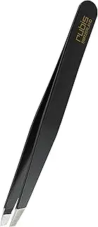Rubis Tweezers Black - Oblique, Fine and Pointed - Tweezers for Eyebrow Plucking - Slanted Tip for Hair Removal - Professional Tweezers