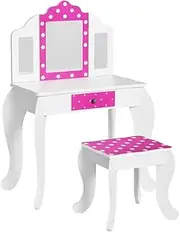 Keezi Kids Dressing Table Vanity Makeup Chair Set Wooden 3 Mirror Drawer Pink