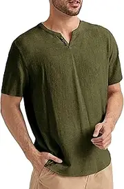 [Zylphorix] Men's Cotton Linen V Neck T Shirts Casual Summer Beach Lightweight Shirt Cotton Linen Short Sleeve Tees