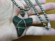 s233-o) 1-3/4" fossil MEGALODON shark black hematite gemstone bead 20" Necklace